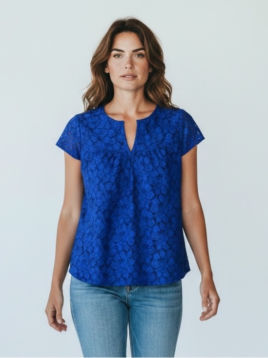 J. Crew Tops - J.Crew Lace Blouse Cobalt Blue Short Sleeve Top Size 12
